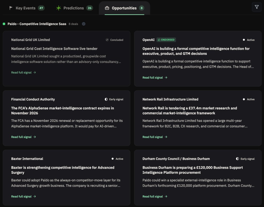 Deal Scout opportunities feed showing qualified sales opportunities